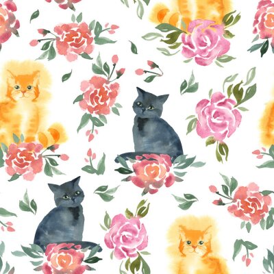 Fototapete Katzen und Rosen in Pastellfarben