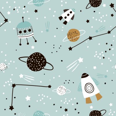 Kindisches nahtloses Muster mit Hand gezeichnetem Raumelementraum, Rakete, Stern, Planet, Raumsonde. Trendy Kinder Vektor Hintergrund.