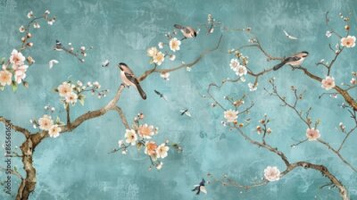 Fototapete Kirschblüten und Zweige auf blauem Hintergrund