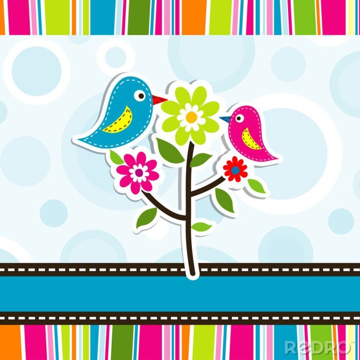 Fototapete Kleine bunte Vögel auf Blümchen