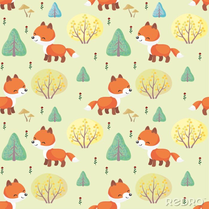 Fototapete Kleine Füchse zwischen grünen Bäumen
