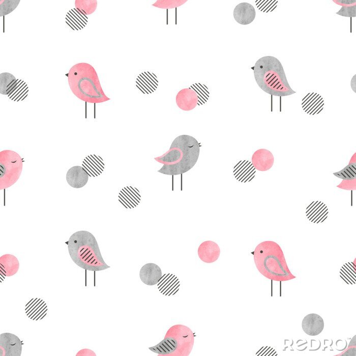 Fototapete Kleine grau-rosa Vögel auf weißem Hintergrund