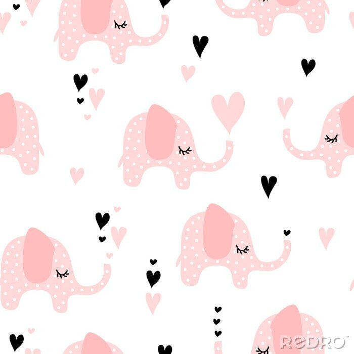 Fototapete Kleine rosa Elefanten und Herzen
