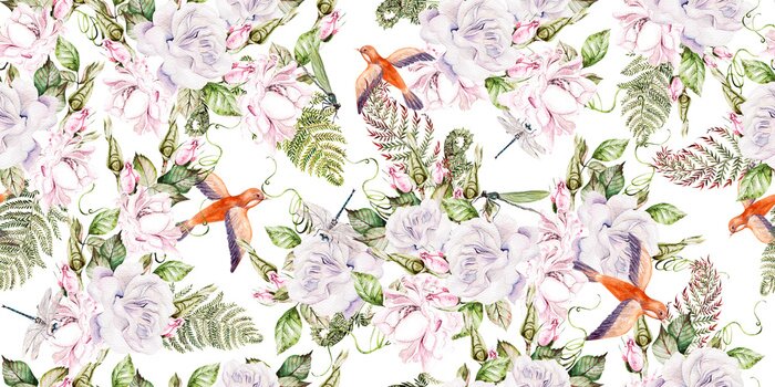 Fototapete Kleine Vögel zwischen weißen Blumen