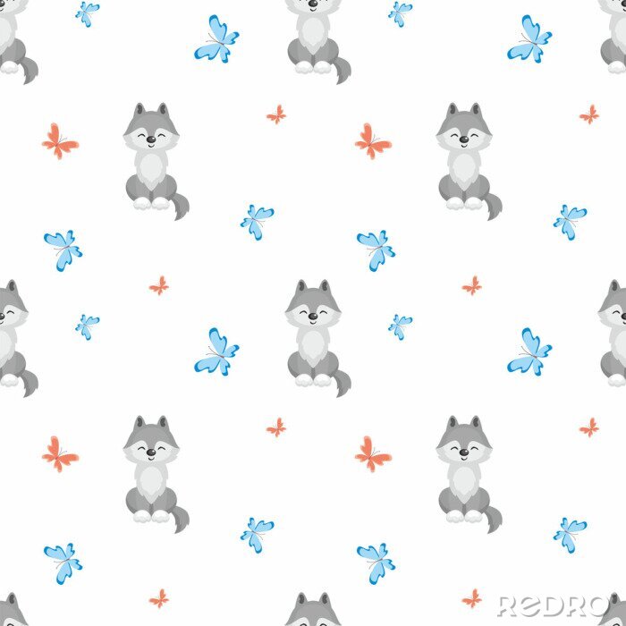 Fototapete Kleine Wölfe und bunte Schmetterlinge für Kinder