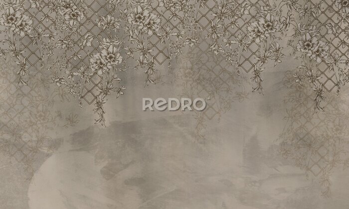 Fototapete Kletterpflanzen mit Blumen in Beigetönen