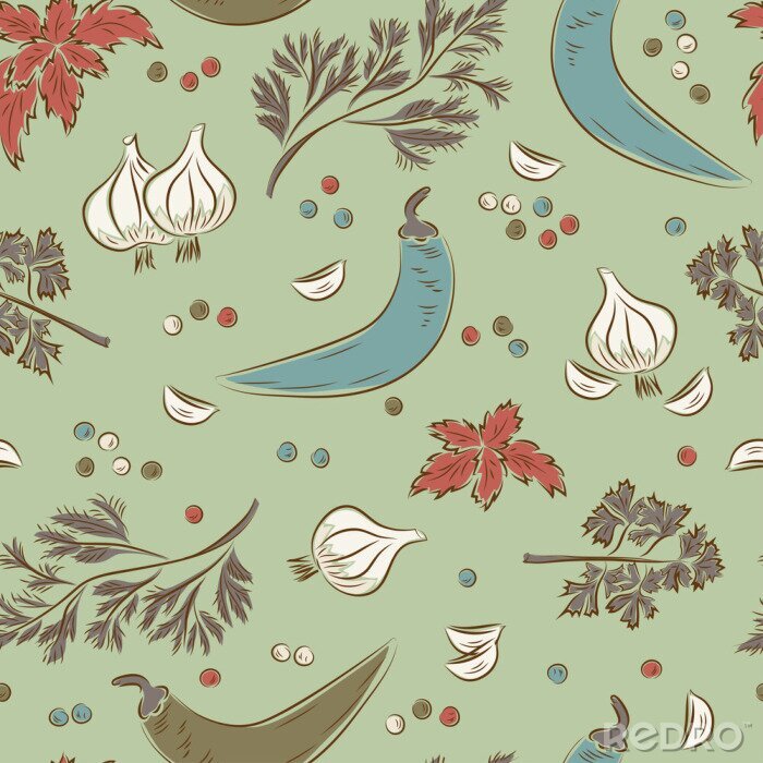 Fototapete Knoblauchpaprika und Kräuter im Vintage-Stil