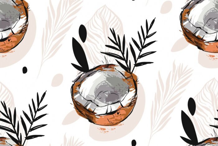 Fototapete Kokosnusshälften und Blätter