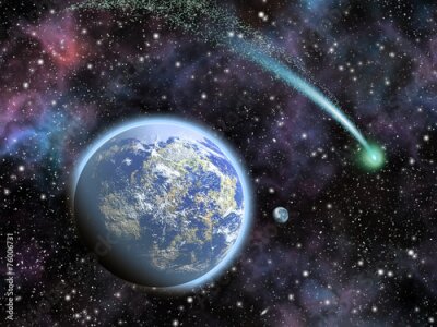 Fototapete Komet zieht über Erde und Mond