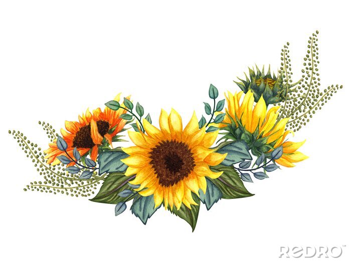 Fototapete Komposition aus Sonnenblumen und Blättern