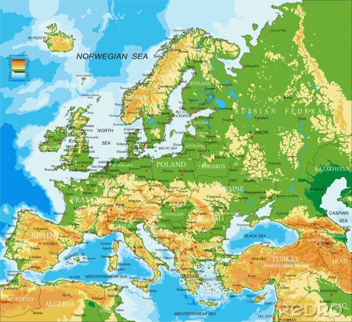 Fototapete Kontinente Grafik mit detaillierter Europakarte