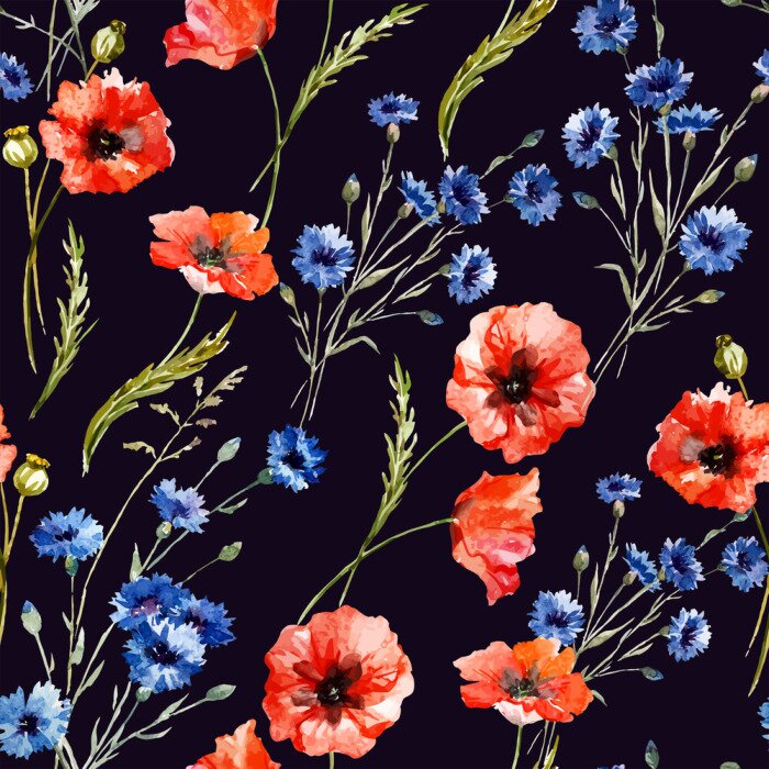 Fototapete Kornblumen und Mohnblumen im Hintergrund