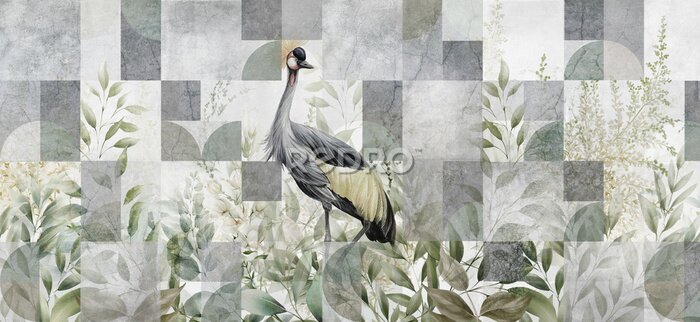 Fototapete Kranich Zwischen Blättern auf Geometrischem Hintergrund