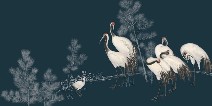 Fototapete Kraniche ruhen nachts auf der Wiese