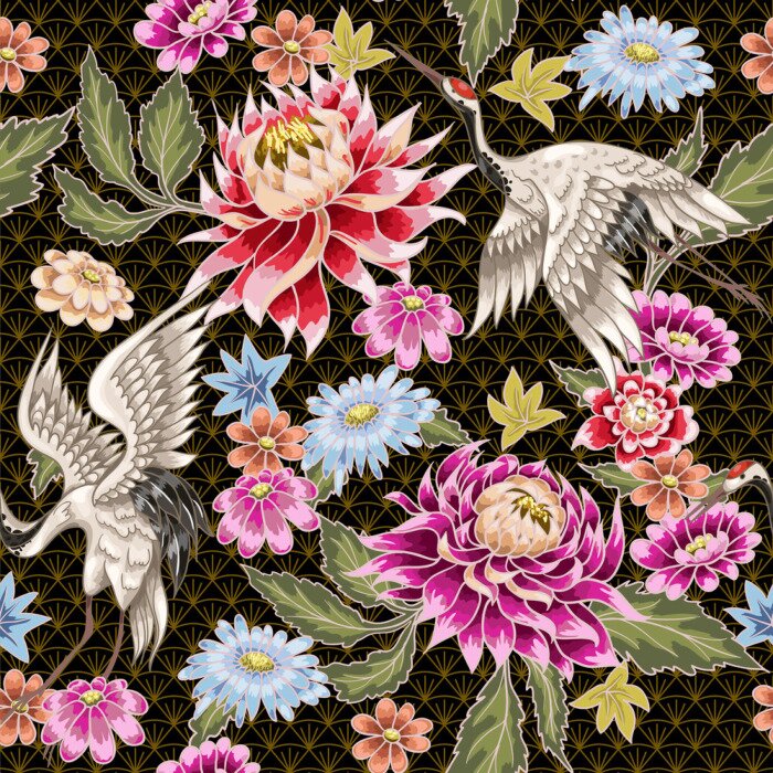 Fototapete Kraniche und exotische japanische Blumen