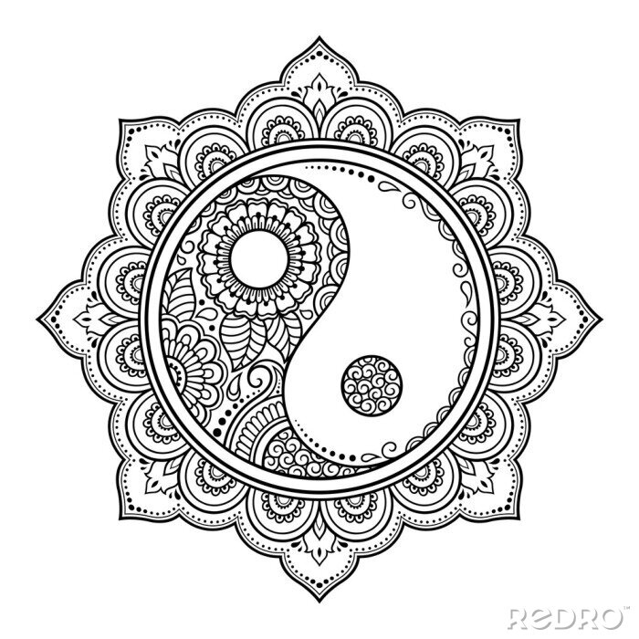 Fototapete Kreismuster in Form von Mandala für Henna, Mehndi, Tattoo, Dekoration. Dekorative Verzierung in der orientalischen Art mit gezeichnetem Symbol Yin-Yang Hand. Malbuch Seite.