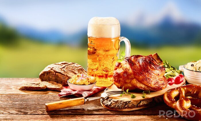 Fototapete Krug Bier und Essen