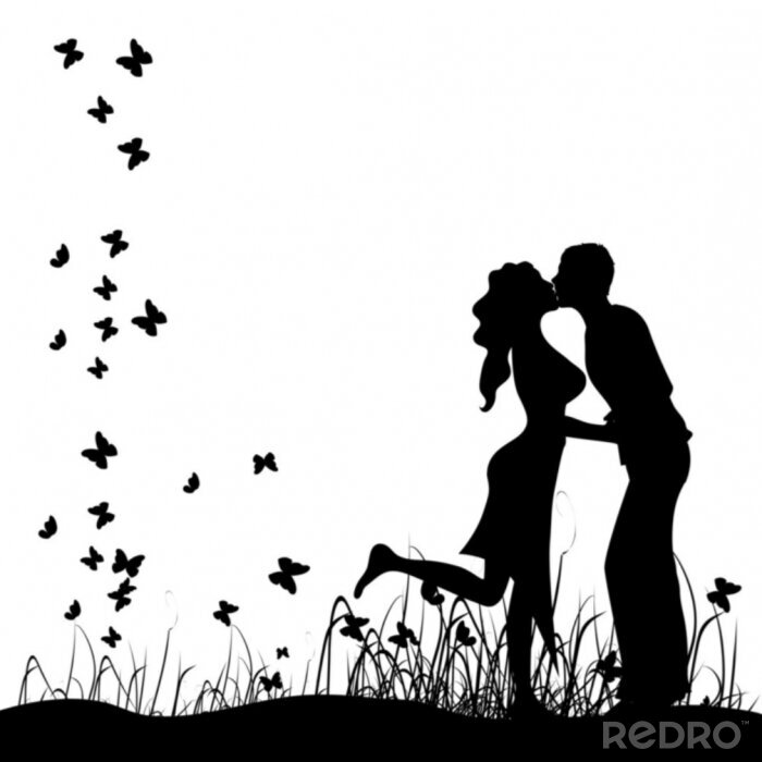 Fototapete Küsse Paar auf einer Wiese, schwarze Silhouette