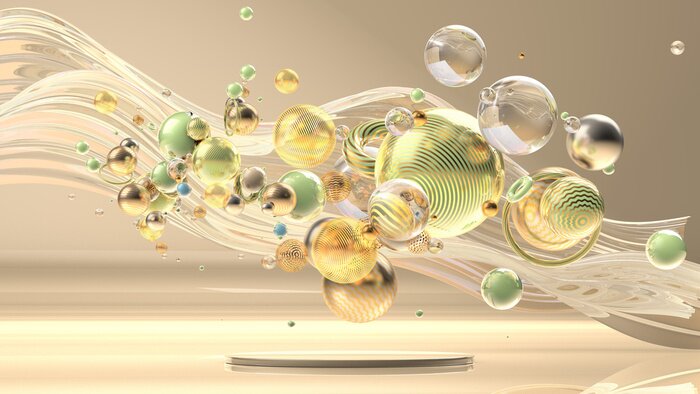 Fototapete Kugeln 3D auf einer Welle