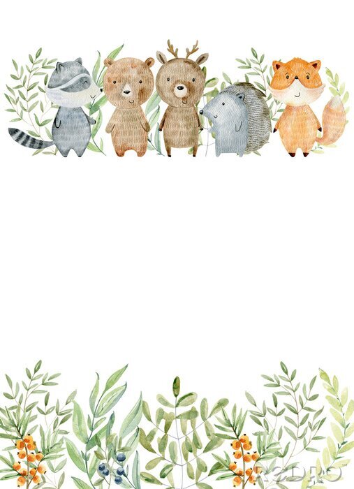 Fototapete Lächelnde Waldtiere mit einem grünen Blattmotiv