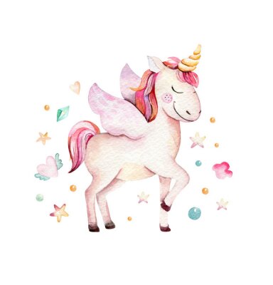 Sticker Lächelndes Einhorn mit Flügeln