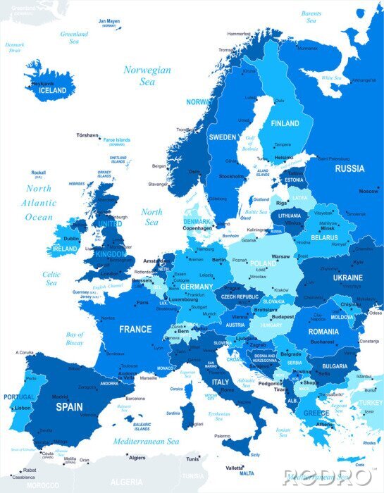 Fototapete Landkarte Europa in Blau