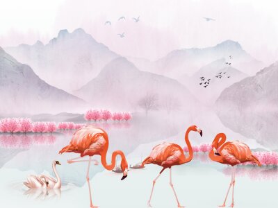 Fototapete Landscape illustration, hills, flock of birds in the air, pink trees, a pair of swans in the lake, three flamingos in the foreground