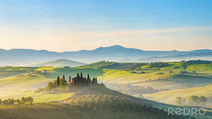 Fototapete Landschaft der Toskana im Morgennebel
