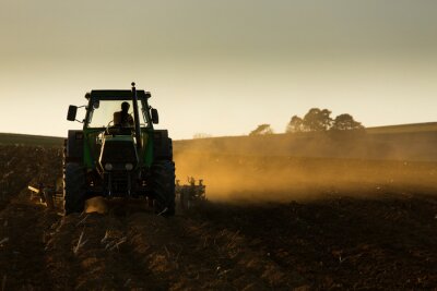 Fototapete Landwirt mit einem Traktor im Staub