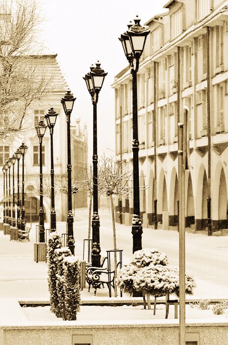 Fototapete Laternen in Altstadt im Winter