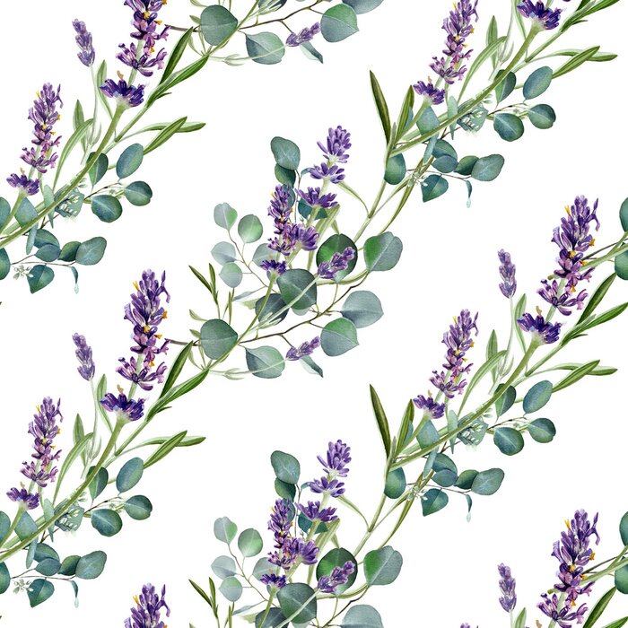 Fototapete Lavendelblüten zwischen grünen Eukalyptuszweigen