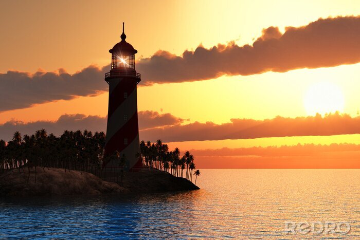 Fototapete Leuchtender Leuchtturm auf Insel