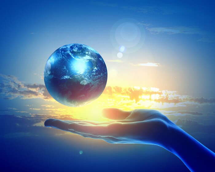 Fototapete Leuchtender Planet Erde auf der Hand