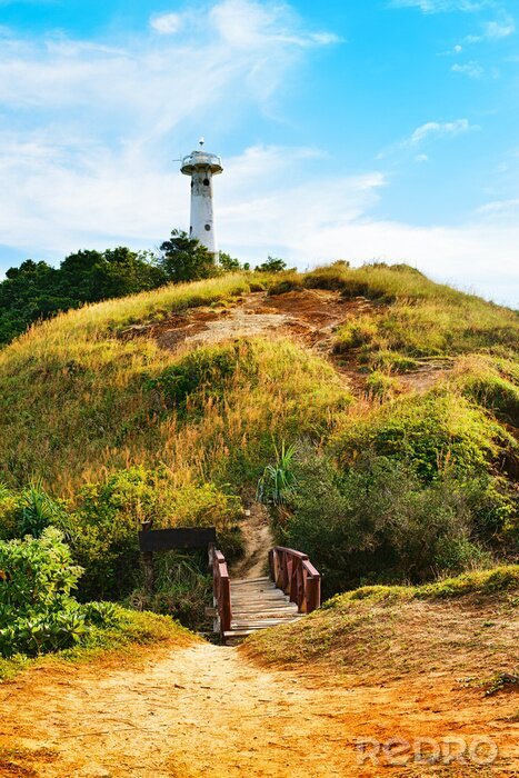 Fototapete Leuchtturm auf bewaldetem Hügel