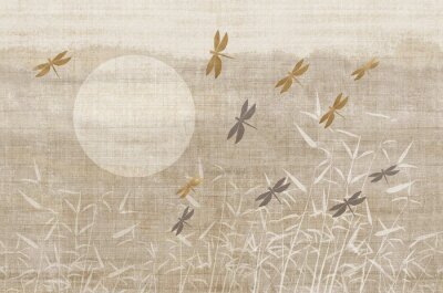 Fototapete Libellen über Schilfrohr bei Sonnenaufgang