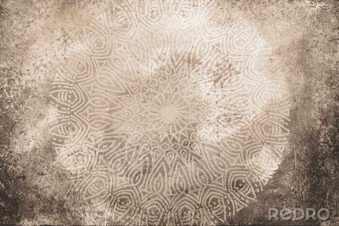 Fototapete Light beige, brown, earthy textured watercolor background with hand drawn mandala