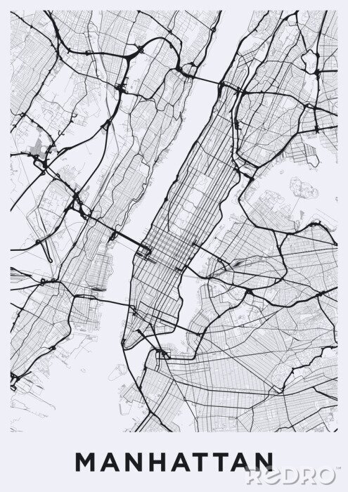 Fototapete Light Manhattan (New York) map. Road map of Manhattan (NYC). Black and white (light) illustration of Manhattan's streets. Transport network of Manhattan. Printable poster format (portrait).