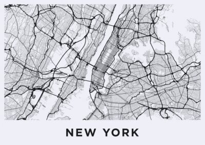 Light New York City map. Road map of New York (United States). Black and white (light) illustration of new york streets. Transport network of the Big Apple. Printable poster format (album).