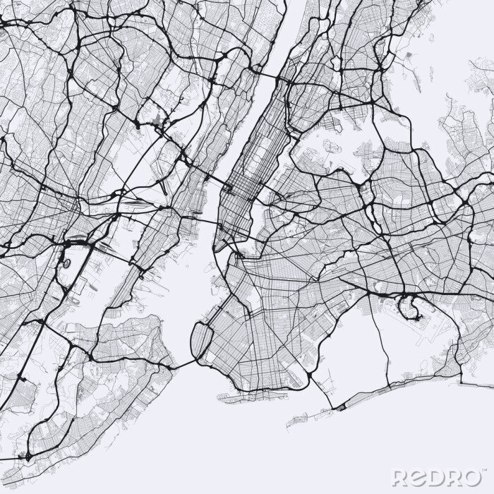 Fototapete Light New York City map. Road map of New York (United States). Black and white (light) illustration of new york streets. Transport network of the Big Apple. Square format.