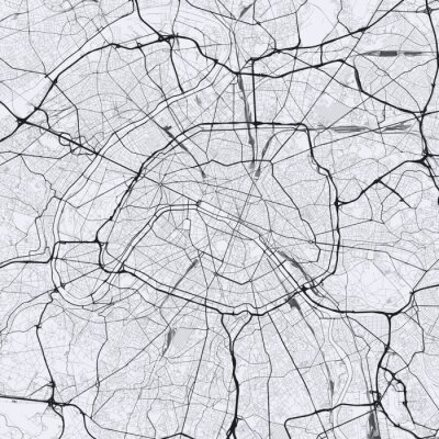 Light Paris city map. Road map of Paris (France). Black and white (light) illustration of parisian streets. Square format.