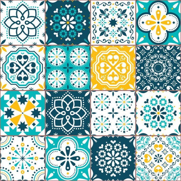 Fototapete Lisbon Azujelo vector seamless tiles design - Portuguese retro pattern in turqouoise and yellow, tile big collection