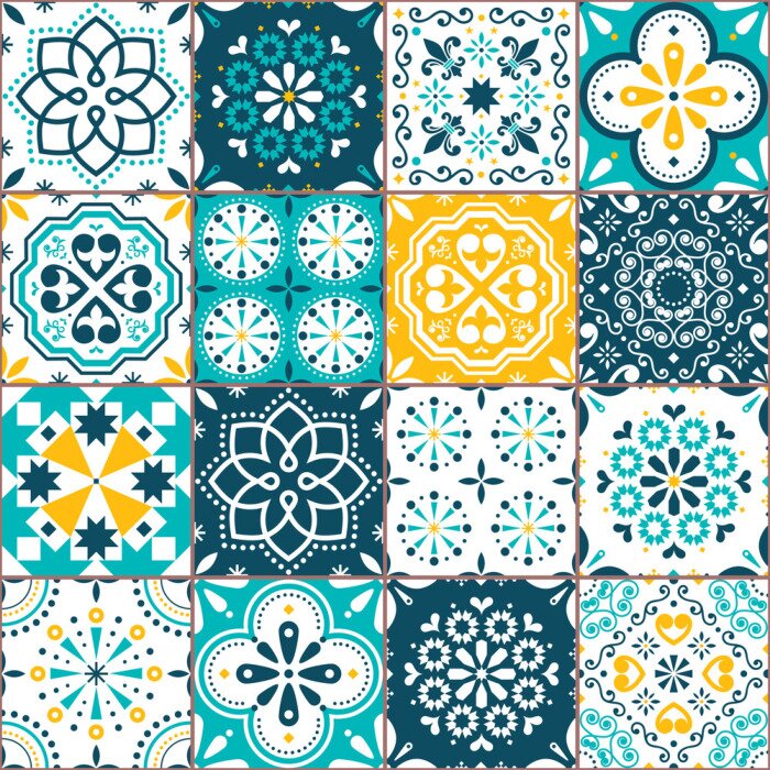 Fototapete Lisbon Azujelo vector seamless tiles design - Portuguese retro pattern in turqouoise and yellow, tile big collection