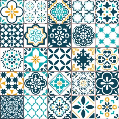 Lisbon geometric Azulejo tile vector pattern, Portuguese or Spanish retro old tiles mosaic, Mediterranean seamless turquoise and yellow design