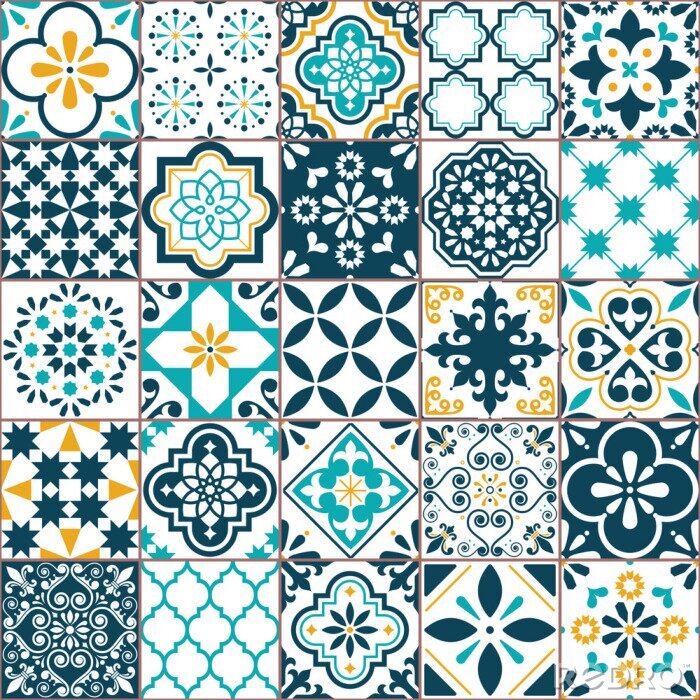 Fototapete Lisbon geometric Azulejo tile vector pattern, Portuguese or Spanish retro old tiles mosaic, Mediterranean seamless turquoise and yellow design