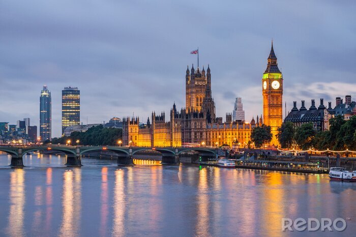 Fototapete London bei Nacht mit beleuchtetem Big Ben