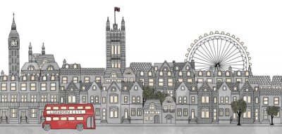 London, UK - nahtlose Banner der Skyline von London, handgezeichnete und digital farbige Tinte Illustration