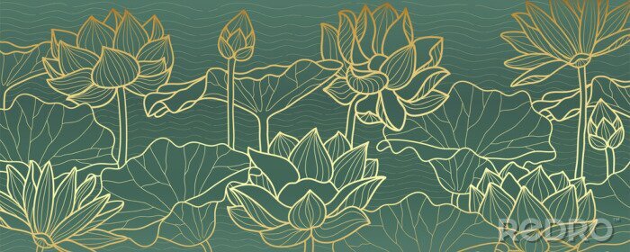 Fototapete lotus line arts luxury wallpaper design for fabric, prints and background texture, Vector illustration.