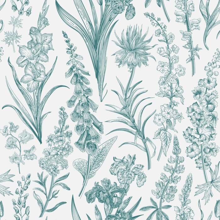 Fototapete Lovely Garden. Vintage seamless pattern. Spring and summer garden flowers. Emerald and white. Toile de Jouy. ..