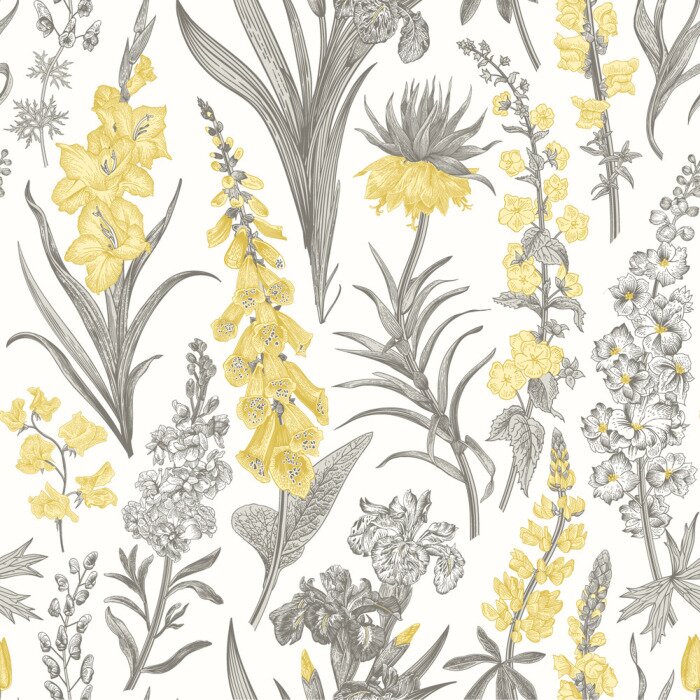 Fototapete Lovely Garden. Vintage seamless pattern. Spring and summer garden flowers. Yellow and gray. Toile de Jouy.