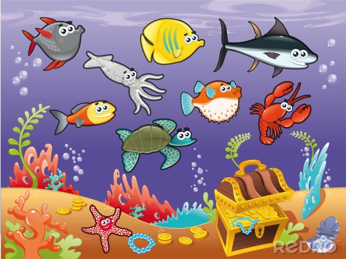 Fototapete Lustige Fische unter dem Meer. Vektor-Illustration.